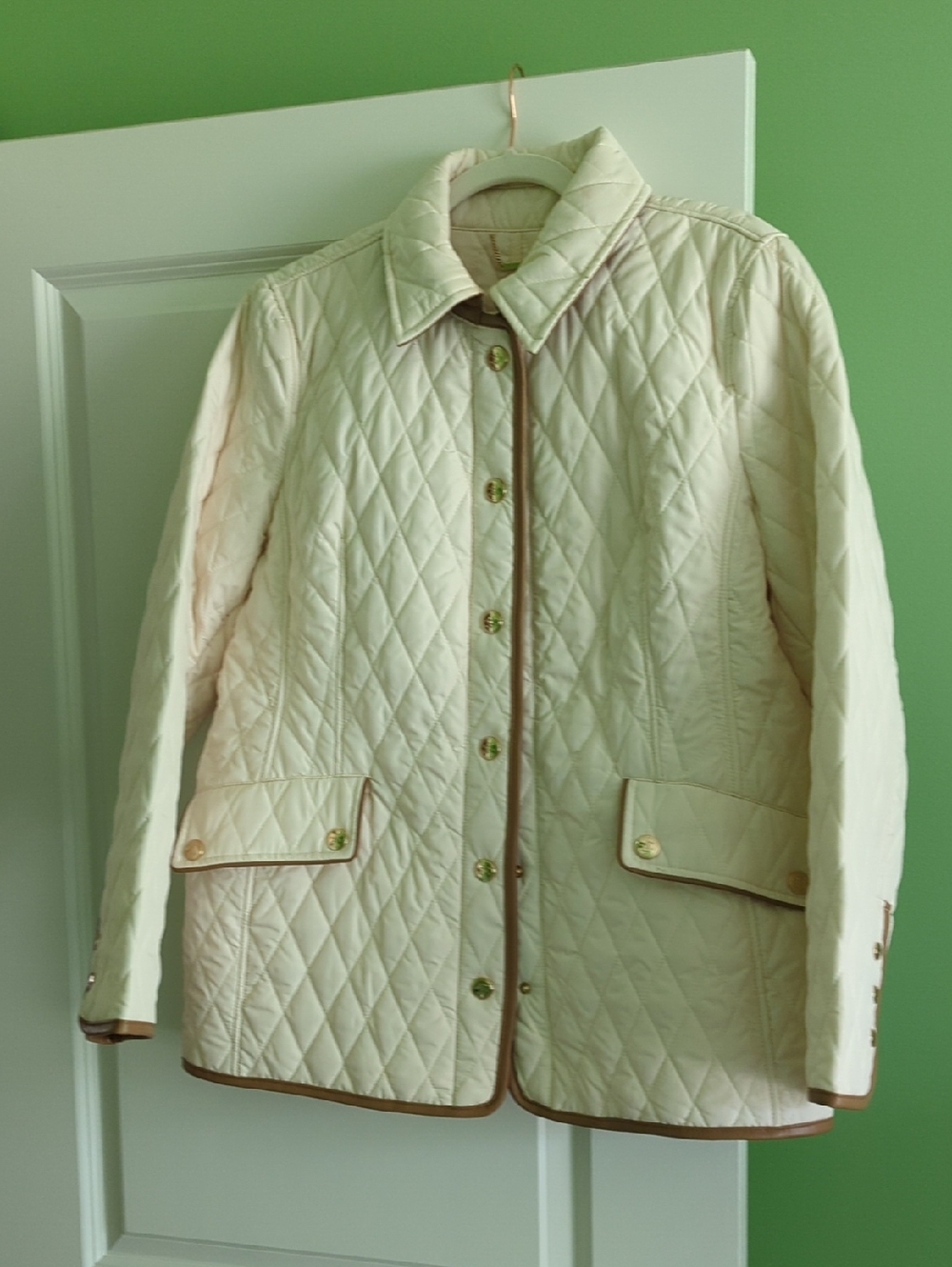 Chico's Cream Quilted Coat with Brown Contrast Trim
